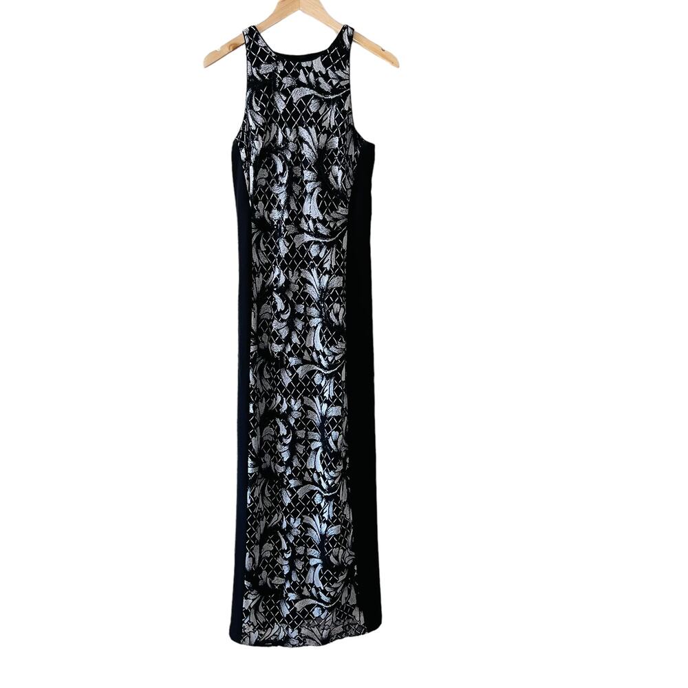 Badgley Mischka Embroidered Sequin Front Black sleeveless Maxi Dress Size 2 - Picture 2 of 9